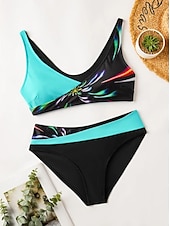 billige Bikinisett-Dame Store størrelser Badetøy Bikini Badedrakt 2 deler Utskjæring Dytt opp Høst Grafisk Ermeløs Badedrakter