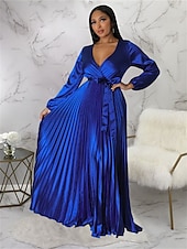 preiswerte Kleider für den-Damen kleid lang abendkleider Etuikleid Schaukelkleid Einfarbig Modisch Romantisch Party kleid hochzeitsgast Cocktailparty Gefaltet Mit Gürtel Langarm V Ausschnitt Kleid Regular Fit Schwarz Weiß Blau