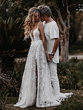 economico abiti da sposa casual-Abiti da Matrimonio Sexy Boho da Spiaggia A-Line Cuore Camisola Spaghetti Strap Coda Corto Pizzo Abiti da Sposa con Appliques Fessura Frontale