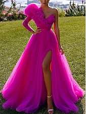 ieftine Rochii de Banchet-Rochii de tip bal elegantă rochie de bal aniversar tren lung  perie mânecă lungă o umăr tulle cu volane fanta rochie de masquerade