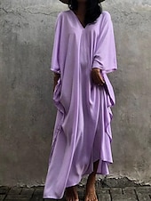abordables Robes de plage-Robes de plage femme couvrant Vêtements de plage Maxi robe longue Fendue Basique Décontractée Simple Col en V à manches 3/4 Coupe ample Quotidien Vacances Blanche Rouge Été Printemps Taille unique
