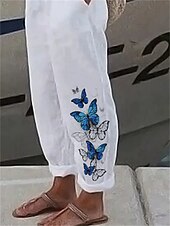 abordables Pantalon droit-Pantalons en coton et lin pour femmes Pantalons amples Aspect lin Décontracté Confort Longueur totale Papillon Poches latérales Ample Imprimé Confort Non élastique Quotidien Streetwear Blanc Rouge