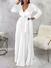 preiswerte Kleider für den-Damen kleid lang abendkleider Etuikleid Schaukelkleid Einfarbig Modisch Romantisch Party kleid hochzeitsgast Cocktailparty Gefaltet Mit Gürtel Langarm V Ausschnitt Kleid Regular Fit Schwarz Weiß Blau