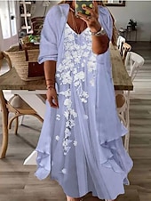 cheap Plus Size Collection-Women&#039;s Plus Size Curve Casual Dress Dress Set Two Piece Dress Floral Long Dress Maxi Dress 3/4 Length Sleeve Print V Neck Fashion Daily Pink Blue Spring Summer L XL XXL 3XL