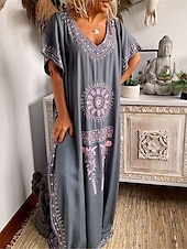 ieftine Rochii Boho-Pentru femei Rochie Maxi lungă Rochie Lunga Rochie Maxi Rochie casual Rochii Tricou Rochie Boho Rochie imprimata Modă Boem Casual În aer liber Vacanță Zilnic Potrivire Largă Floral Manșon scurt În V