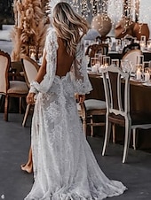 economico abiti da sposa casual-Matromonio in spiaggia abiti da sposa sexy boho A-Line scollatura a V maniche lunghe strascico/striscia in pizzo con applicazioni spacco anteriore 2025