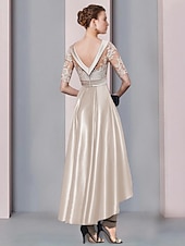 preiswerte Teelänge-A-Linie Mutter der Braut Kleid Hochzeitsgast Elegante Hoch-Tief Scoop-Ausschnitt Asymmetrisch Tee-Länge Satin Spitze Halbärmel mit Applikationen Derby Kleid Renntag Kleid 2025 kostenlose Anpassung
