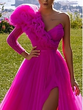 ieftine Rochii de Banchet-Rochii de tip bal elegantă rochie de bal aniversar tren lung  perie mânecă lungă o umăr tulle cu volane fanta rochie de masquerade