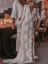 economico abiti da sposa casual-Matromonio in spiaggia abiti da sposa sexy boho A-Line scollatura a V maniche lunghe strascico/striscia in pizzo con applicazioni spacco anteriore 2025