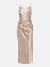 cheap Plain Dress-Women&#039;s Midi Dress Party Dress Satin Dress Champagne Sleeveless Pure Color Split Ruched V Neck Stylish Elegant Sexy Dress