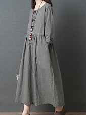 halpa Mekot-Naisten Musta Kevät Syksy Pitkä mekko Maxi mekko Pellava-inspiroidut mekot Rento mekko Puuvillapellavamekko Perus Vapaa-aika ulko- Päivittäin Viikonloppu Loose Fit Skottiruutukuvio Tiukka pyöre