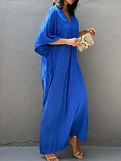 abordables Robes de plage-Robes de plage femme couvrant Vêtements de plage Maxi robe longue Fendue Basique Décontractée Simple Col en V à manches 3/4 Coupe ample Quotidien Vacances Blanche Rouge Été Printemps Taille unique