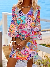 levne Boho šaty-dámské mini šaty příležitostné šaty poloformální šaty drobné šaty sundress Bohemia volány rukáv dovolená každodenní koktejlová party regular fit květinový paisley 3/4 délky rukáv v-krk červená modrá