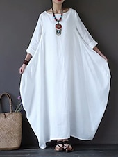 abordables Robes-Femmes Noir Blanche Rouge Été Printemps Automne Robe Maxi Robes inspirées du lin Robe Blanche Robe Décontractée Basique Occasionnel Quotidien Fête Coupe Ample Couleur Unie Col Bateau