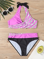 abordables Ensemble de bikinis-Maillots de Bain Bikinis Maillot de bain Femme 2 Pièces Bandes Rayé Grande Taille Bandeau Maillots de bain Sportif Tenues de plage Faire monter