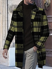 cheap Men&#039;s Print Lightweight Coats-Men&#039;s Plaid Graphic Prints Winter Coat Overcoat Coat Warm Breathable Comfortable Fashion Streetwear Business Work Wear to work Going out Pocket Print Fall &amp; Winter Turndown Long Sleeve Yellow Blue