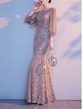 abordables Champagne-Robe de soirée en fourreau Élégante Étincelle  Brillance Col bijou petite Longueur au sol Sequins Manches 3/4 avec couleur unie robe pour impressionner