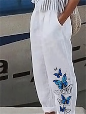 abordables Pantalon droit-Pantalons en coton et lin pour femmes Pantalons amples Aspect lin Décontracté Confort Longueur totale Papillon Poches latérales Ample Imprimé Confort Non élastique Quotidien Streetwear Blanc Rouge