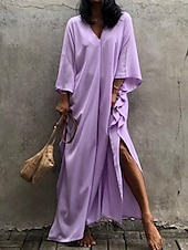 abordables Robes de plage-Robes de plage femme couvrant Vêtements de plage Maxi robe longue Fendue Basique Décontractée Simple Col en V à manches 3/4 Coupe ample Quotidien Vacances Blanche Rouge Été Printemps Taille unique