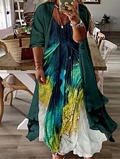 cheap Plus Size Collection-Women&#039;s Plus Size Curve Casual Dress Dress Set Two Piece Dress Floral Long Dress Maxi Dress 3/4 Length Sleeve Print V Neck Fashion Daily Pink Blue Spring Summer L XL XXL 3XL