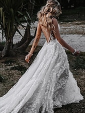 economico abiti da sposa casual-Abiti da Matrimonio Sexy Boho da Spiaggia A-Line Cuore Camisola Spaghetti Strap Coda Corto Pizzo Abiti da Sposa con Appliques Fessura Frontale