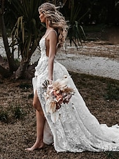 economico abiti da sposa casual-Abiti da Matrimonio Sexy Boho da Spiaggia A-Line Cuore Camisola Spaghetti Strap Coda Corto Pizzo Abiti da Sposa con Appliques Fessura Frontale