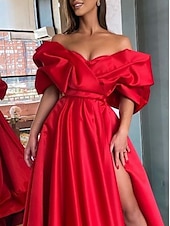 preiswerte ROT-Sheath Abendkleid Partykleid Verlobung Black Tie Gala Sweep  Pinsel Zug Halber Ärmel Off-Shoulder Satin mit Raffung Schlitz