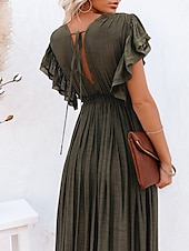 abordables Robes décontractées blanches-robe soirée Robe casual Robe Évasée Femme robe longue Couleur monochrome Mode Décontractées Extérieur du quotidien Vacances A Volants Dos Nu Manche Courte Col V Robe Ample Vert militaire Blanche Rouge