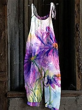 cheap Overalls-Women&#039;s Overall Utility Print Floral Crew Neck Trug Life Streetwear Daily Vacation Loose Fit Sleeveless White Pink Red S M L Summer Fall
