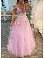 baratos Vestidos Baile Formatura-Vestidos de Baile A-Line Vestido Empire Convidada de Casamento Formal Comprimento Total Sem Mangas Decote V Tule Sem Costas com Pregas Apliques Vestido de Máscara 2025