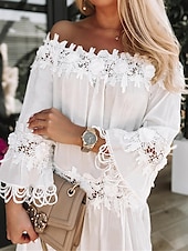 preiswerte Kleider für die Arbeit-Damen Midikleid Weißes Kleid Spitzenkleid Etuikleid Sommerkleid Modisch Basic Modern Outdoor Urlaub Täglich Lockere Passform Glatt 3/4 Ärmel Schulterfrei Weiß Sommer Frühling