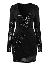 levne Bodycon Club Dresses-Dámské Mini šaty Flitrové šaty Šaty na párty Šaty pro návrat domů Sváteční šaty Módní Zralý Zimní šaty Párty Svatební host Běžný Čistá barva Dlouhý rukáv Do V Černá Zlatá Jaro Podzim Zima