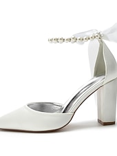 economico Damigella d&amp;#39;onore-Scarpe da sposa con tacco a blocco, cinturino alla caviglia, punta a punta, da damigella d'onore in raso avorio con fiocco e cinturino alla caviglia
