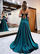 baratos Vestidos Baile Formatura-Vestidos de Formatura em A Vestido Império Convidada de Casamento Formal Cauda de Corte Sem Mangas Decote em V Cetim Costas Descobertas com Irmandade Aplicações 2025