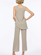 cheap Mom&#039;s Pant Suits-Jumpsuit / Pantsuit 3 Piece Mother of the Bride  Wedding Guest Elegant Vintage Scoop Neck Ankle Length Chiffon Long Sleeve Wrap  with Ruffles Solid Color free custom size