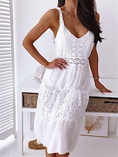 cheap White Graduation Dresses-Women&#039;s Midi Dress White Dress Graduation Dress White Lace Wedding Dress Boho Dress Fashion Basic Modern Outdoor Daily Weekend Regular Fit Plain Sleeveless Strap White Summer Spring