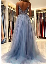 abordables Robes de bal de promo-Robe de bal A-Line Robe de Princesse Robe Formelle Invité de Mariage Traîne de Cour sans Manches Col V Tulle avec Perles 2025