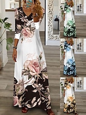 billige Blomsterkjole-Kjolen Maxi Casual Kjole Blomstertrykk V-Hals Maxi Lang Kjole Casual Daglig Ferie 3/4 Langt Erme Sommer Vår