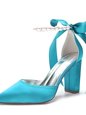economico Damigella d&amp;#39;onore-Scarpe da sposa con tacco a blocco, cinturino alla caviglia, punta a punta, da damigella d'onore in raso avorio con fiocco e cinturino alla caviglia