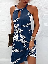 abordables Robes Floraux Imprimés-Femme Robe d&#039;été Robe à col licou Robe imprimée Actif Mode Vêtement de rue Extérieur Vacances du quotidien Standard Cachemire Sans Manches Dos nu Jaune Bleu Roi Bleu Bleu de minuit Eté Printemps