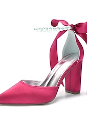 economico Damigella d&amp;#39;onore-Scarpe da sposa con tacco a blocco, cinturino alla caviglia, punta a punta, da damigella d'onore in raso avorio con fiocco e cinturino alla caviglia