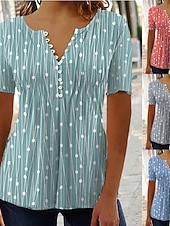 economico T-shirt a righe e geometrico-T Shirt da donna Henley Blusa Tunica Base Casual Patchwork Bottoni Stampa Maniche Corte Top Regolari Collo a V Casual Rosso Blu Verde Grigio