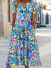 billige Blomsterkjole-Dame Midi Kjole Shift Kjole Blomster Lomme Print V-hals Ferie Korte Ermer Sommer Vår