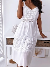 cheap White Graduation Dresses-Women&#039;s Midi Dress White Dress Graduation Dress White Lace Wedding Dress Boho Dress Fashion Basic Modern Outdoor Daily Weekend Regular Fit Plain Sleeveless Strap White Summer Spring