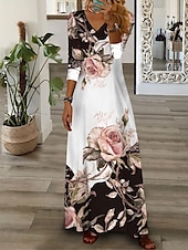 billige Blomsterkjole-Kjolen Maxi Casual Kjole Blomstertrykk V-Hals Maxi Lang Kjole Casual Daglig Ferie 3/4 Langt Erme Sommer Vår