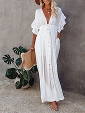 abordables Robes décontractées blanches-robe soirée Robe casual Robe Évasée Femme robe longue Couleur monochrome Mode Décontractées Extérieur du quotidien Vacances A Volants Dos Nu Manche Courte Col V Robe Ample Vert militaire Blanche Rouge