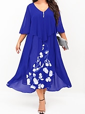 levne Kolekce nadměrných velikostí-dámské plus size křivky pracovní šaty květinové v střih nařasený 3/4 rukáv jarní podzim pracovní elegantní midi šaty formální šaty na dovolenou / vrstvené / potisk