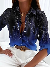 economico Top d&#039;Arte e Design per Donne-Camicia da Donna Basic Stampa Bottoni Maniche Lunghe Regular Tops Collo della Camicia Casual Giornaliero Blu Grigio Primavera Autunno
