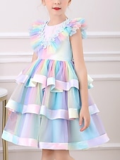 cheap Kids Tutus-Princess Short / Mini Flower Girl Dress Quinceanera Rainbow Unicorn Girls Cute Prom Dress Lace with Petal Tiered Tutu Fit 3-16 Years