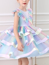 cheap Kids Tutus-Princess Short / Mini Flower Girl Dress Quinceanera Rainbow Unicorn Girls Cute Prom Dress Lace with Petal Tiered Tutu Fit 3-16 Years